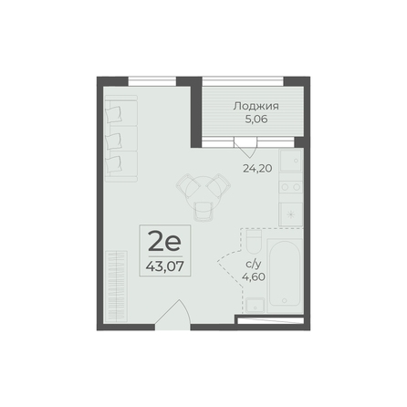 Планировка 2-комн 43,07 м²