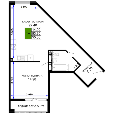 Планировка 1-комн 55,06 м²