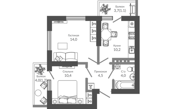 Планировка 2-комн 45,4 м²