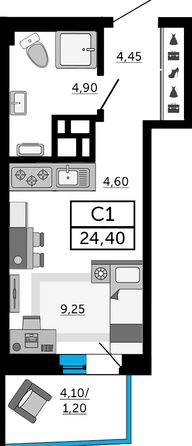 Планировка Студия 24,2, 24,4 м²