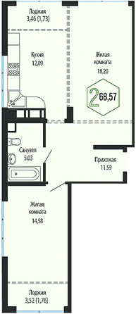 Планировка 2-комн 68,57 м²