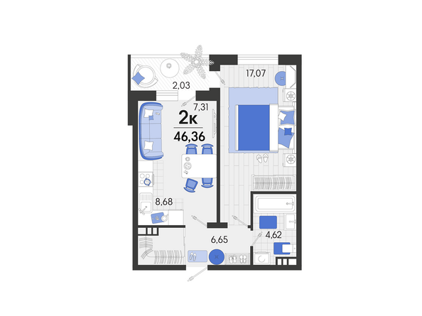 Планировка 2-комн 46,36 м²