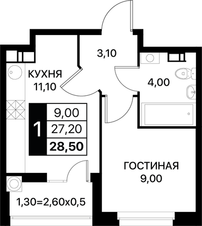 Планировка 1-комн 28,5 м²