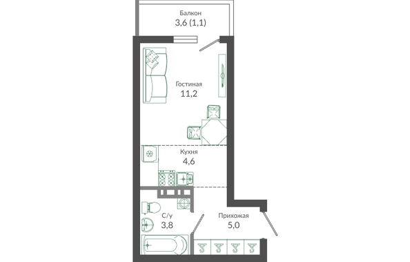 Планировка 1-комн 25,7 м²