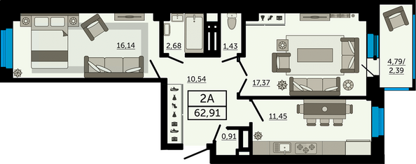 Планировка 2-комн 62,91 м²