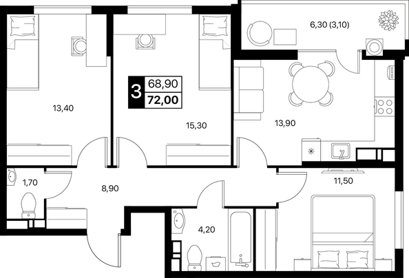 Планировка 3-комн 72, 72,4 м²