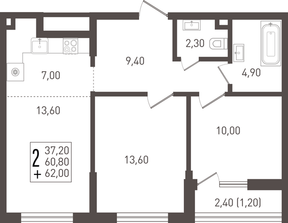 Планировка 2-комн 62 м²