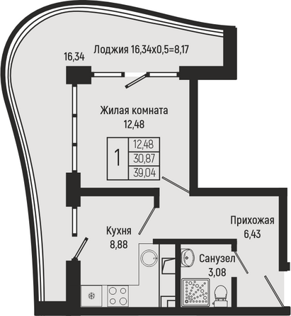 Планировка 1-комн 39,04 м²