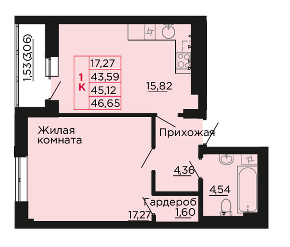 Планировка 1-комн 45,12 м²