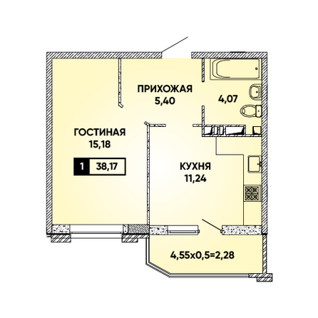 Планировка 1-комн 38,17 м²