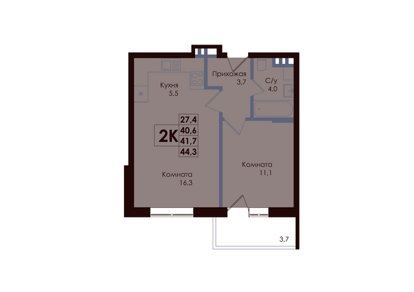 Планировка 2-комн 41,7 м²