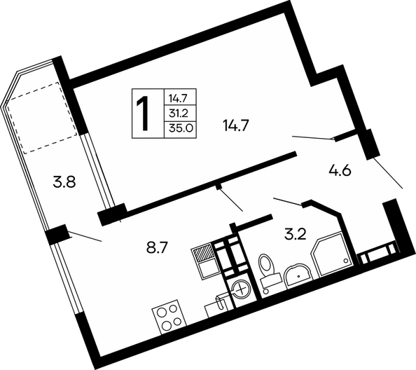Планировка 1-комн 35 м²