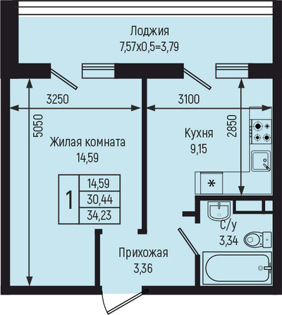 Планировка 1-комн 34,23 м²