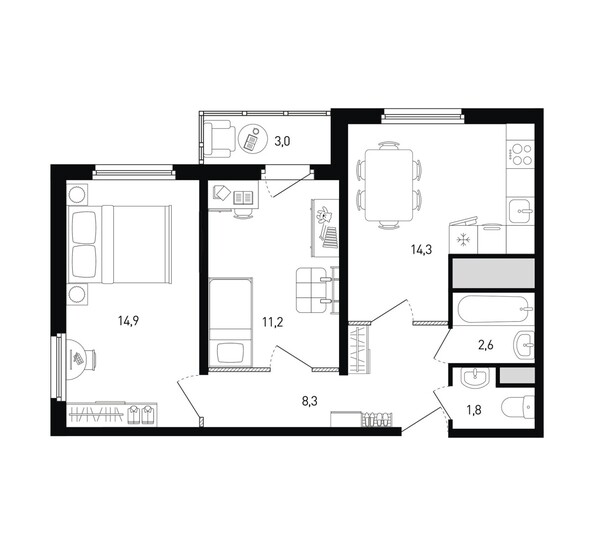 Планировка 2-комн 53,7, 54,6 м²