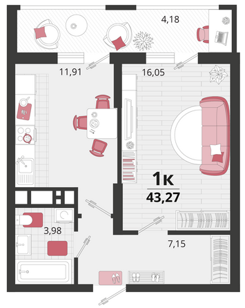 Планировка 1-комн 43,27 м²