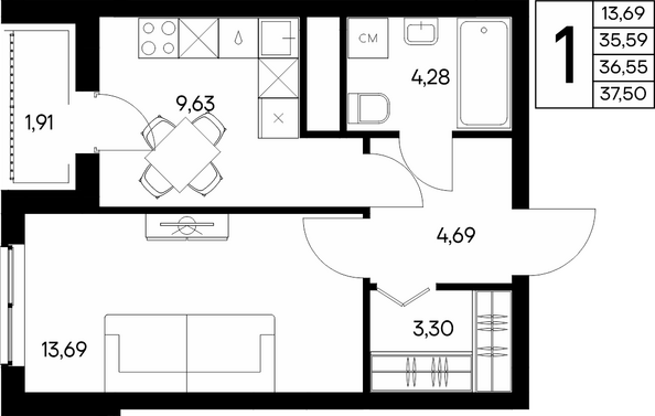 Планировка 1-комн 37,5 м²