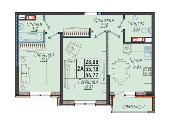 Планировка 2-комн 56,77 м²