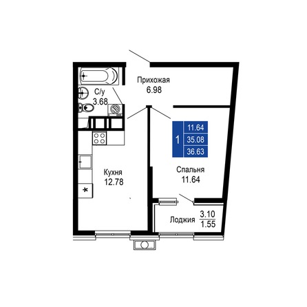Планировка 1-комн 36,63 м²