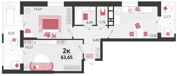 Планировка 2-комн 63,65 м²