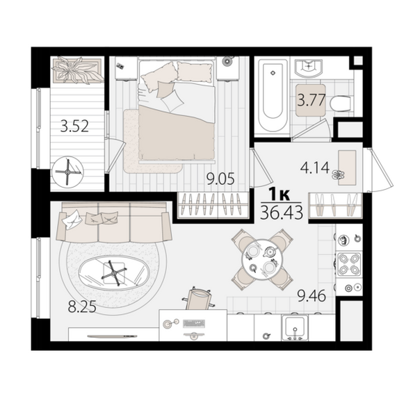 Планировка 1-комн 36,43 м²