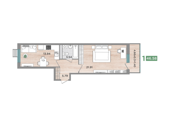 Планировка 1-комн 46,58 м²