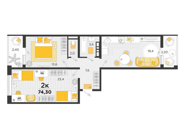 Планировка 2-комн 74,3 м²