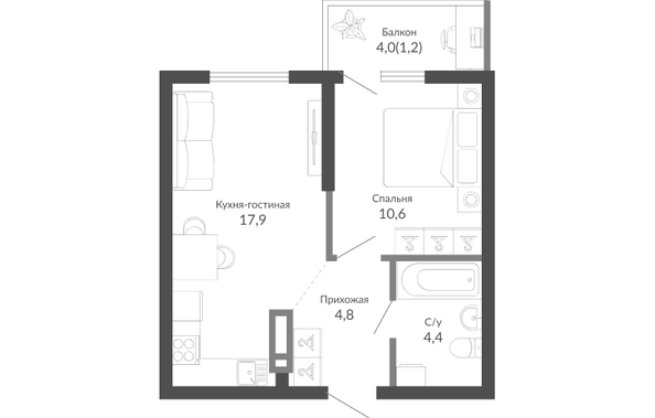 Планировка 1-комн 38,9 м²