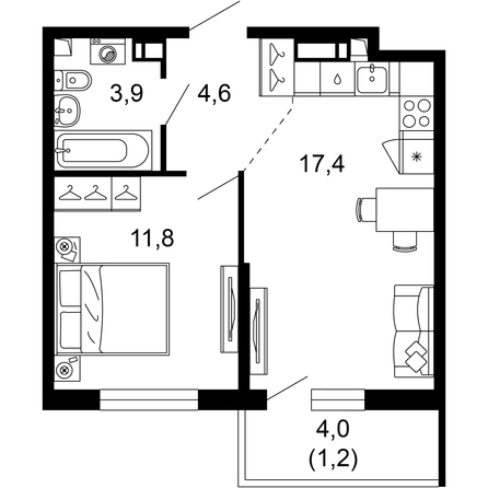 Планировка 1-комн 38,9 м²