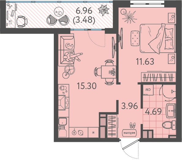 Планировка 1-комн 39,06 м²