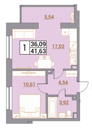 Планировка 1-комн 41,63 м²