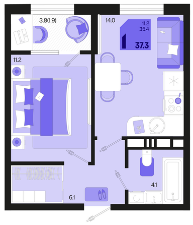 Планировка 1-комн 37,3 - 37,9 м²