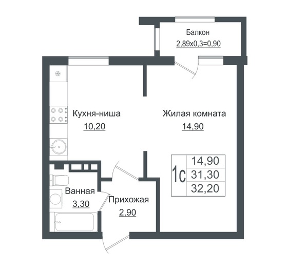 Планировка Студия 32,2 м²