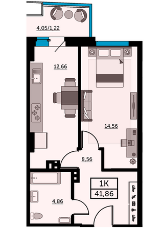 Планировка 1-комн 42,1 - 42,4 м²