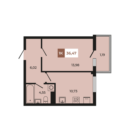 Планировка 1-комн 36,47 м²