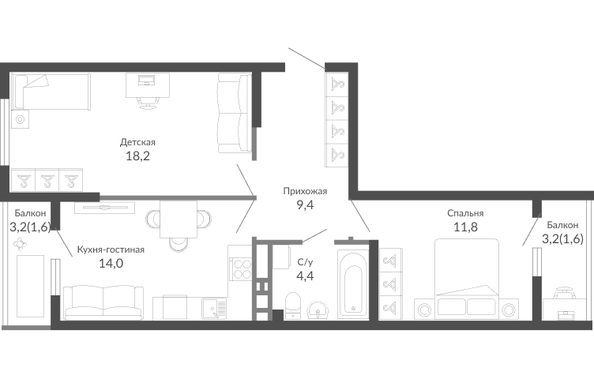 Планировка 2-комн 61 м²