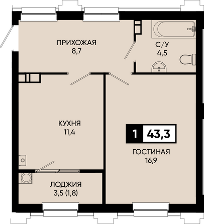 Планировка 1-комн 42,5 - 43,7 м²