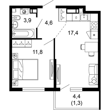 Планировка 1-комн 39 м²