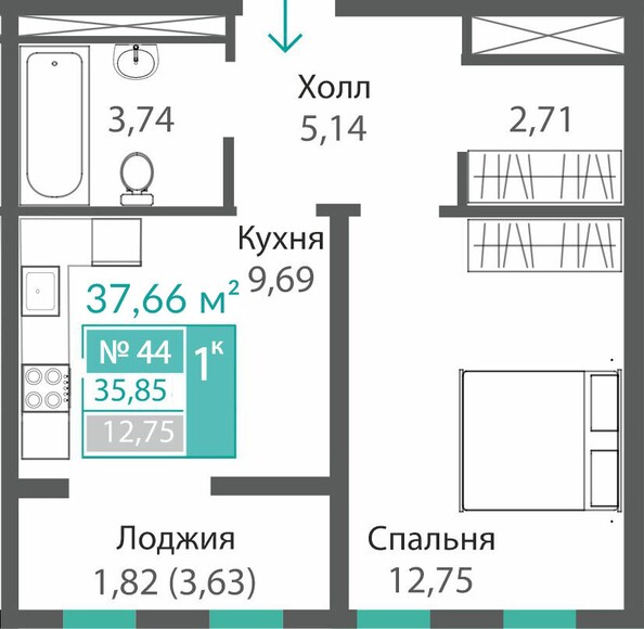Планировка 1-комн 35,43 - 36,65 м²