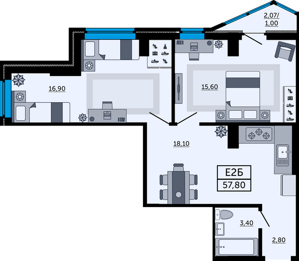 Планировка 2-комн 57,56 м²