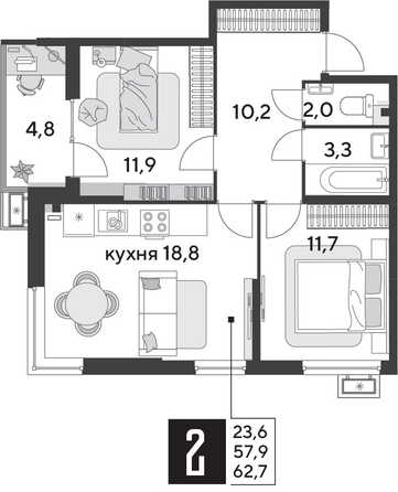 Планировка 2-комн 62,7 м²