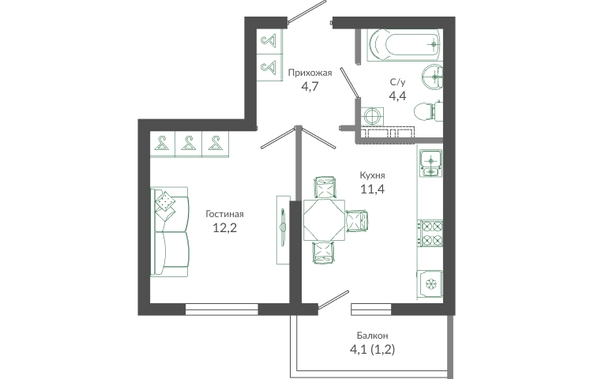 Планировка 1-комн 33,9 м²