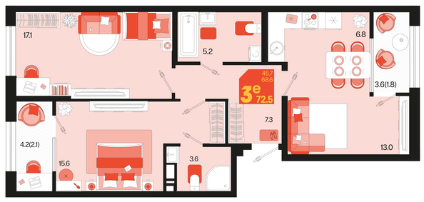 Планировка 3-комн 72,5 м²