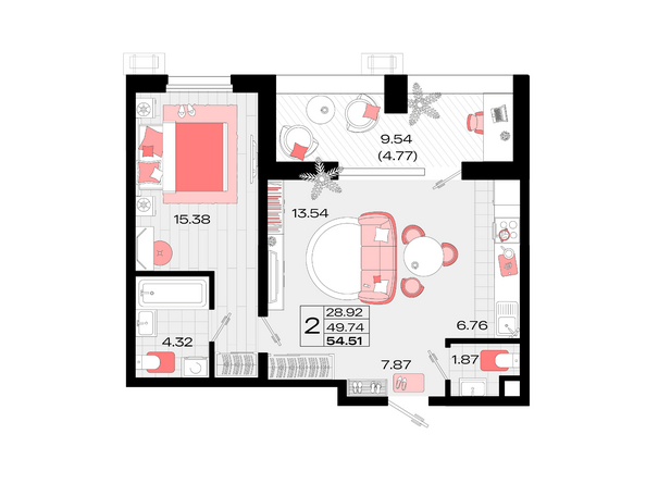 Планировка 2-комн 54,51 м²