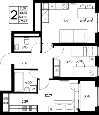 Планировка 2-комн 62,43 м²