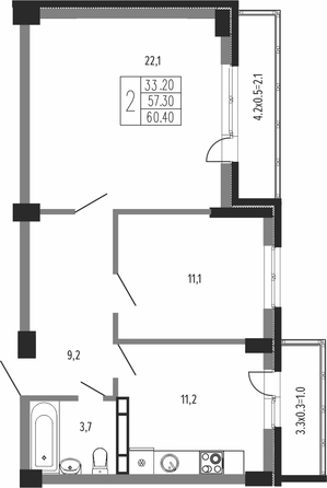 Планировка 2-комн 60,4 м²