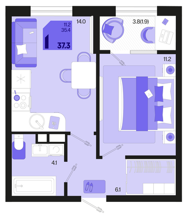 Планировка 1-комн 37,3 м²