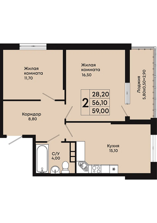 Планировка 2-комн 59 м²