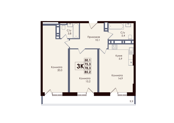 Планировка 3-комн 78,3 м²