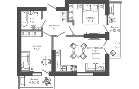 Планировка 2-комн 55,8 м²