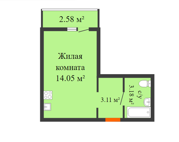 Планировка 1-комн 22,44 м²